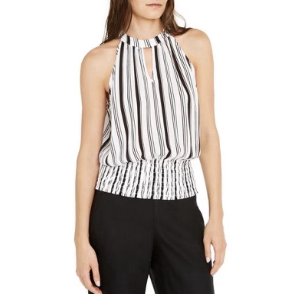 Women Intl. Concepts Striped Halter Top Blouse Smocked Waist Key Hole XL Coastal